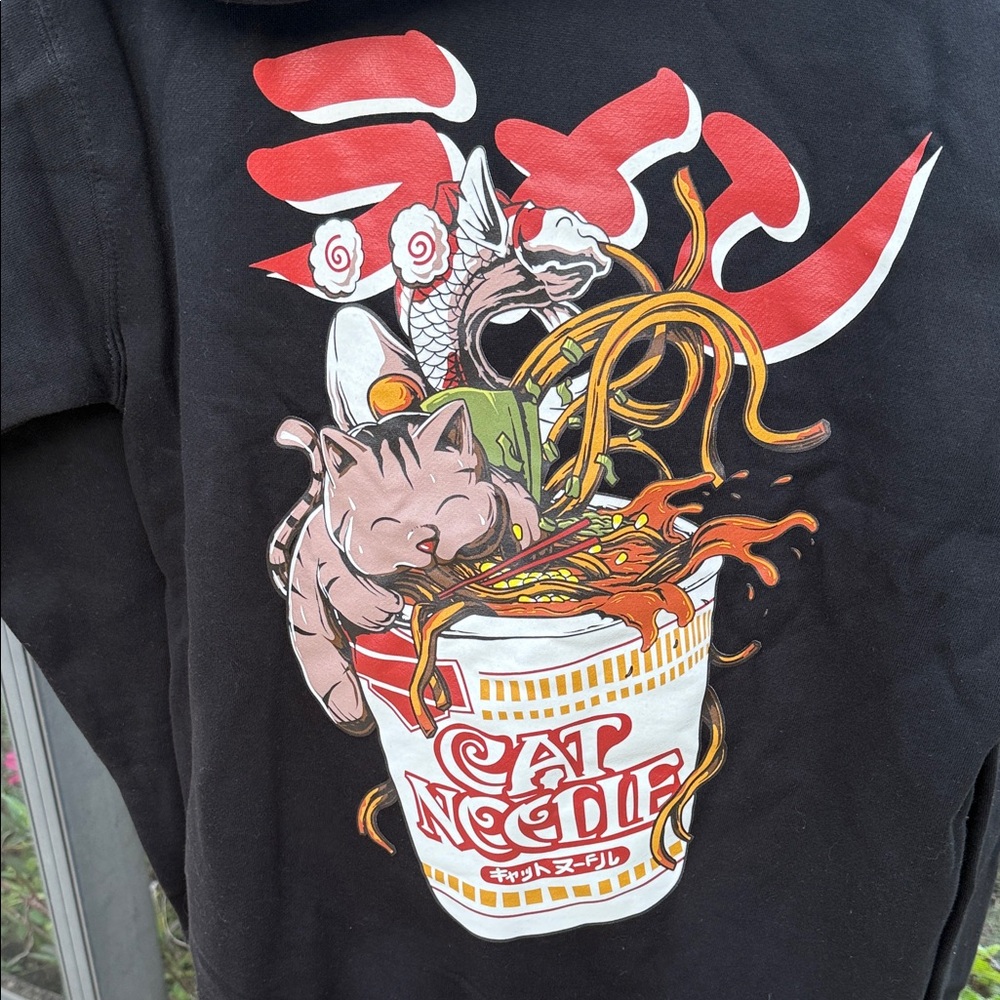 Cats of Kyoto anime Whimsical Black Cat Noodle Hoodie
